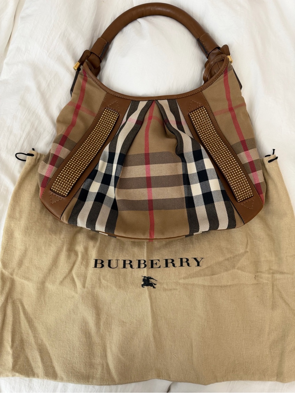 Burberry Tan and Brown Check Hobo Bag